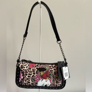 Ed Hardy Leopard Floral Embroidered Shoulder Bag - Black/Pink/Green